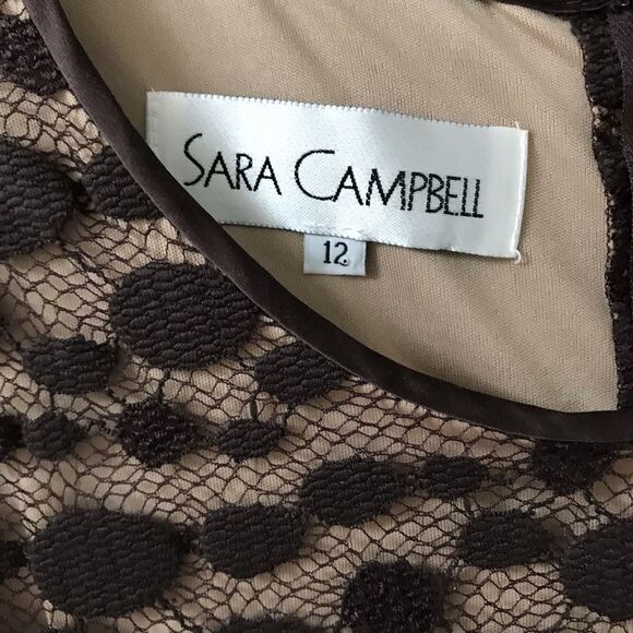 Sara Campbell Womens Shift Midi Dress Brown Geometric Lace 3/4 Sleeve Ruffle 12 - Picture 9 of 9